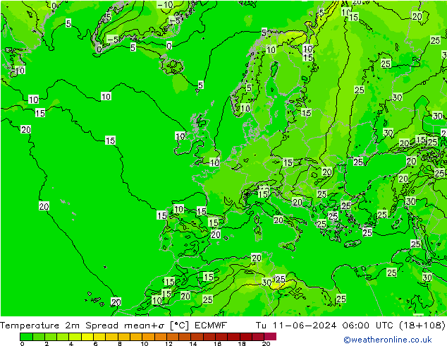 Temperature 2m Spread ECMWF Út 11.06.2024 06 UTC