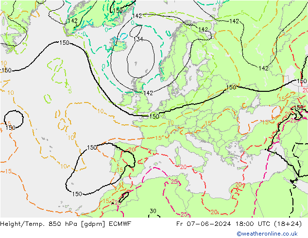 Height/Temp. 850 гПа ECMWF пт 07.06.2024 18 UTC