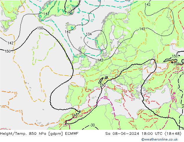 Height/Temp. 850 hPa ECMWF So 08.06.2024 18 UTC