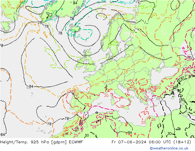 Geop./Temp. 925 hPa ECMWF vie 07.06.2024 06 UTC