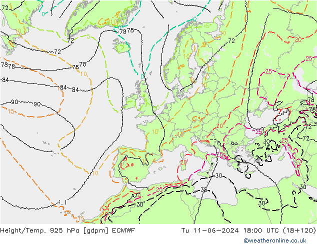 Height/Temp. 925 hPa ECMWF Di 11.06.2024 18 UTC