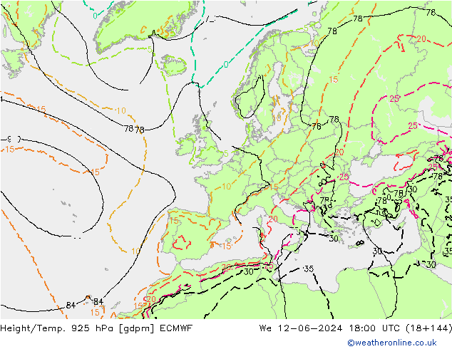 Height/Temp. 925 hPa ECMWF We 12.06.2024 18 UTC