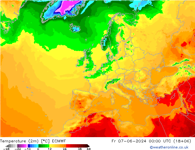 Temperature (2m) ECMWF Fr 07.06.2024 00 UTC