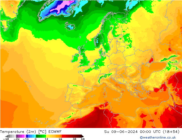 Temperatuurkaart (2m) ECMWF zo 09.06.2024 00 UTC