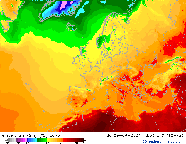 Temperature (2m) ECMWF Su 09.06.2024 18 UTC