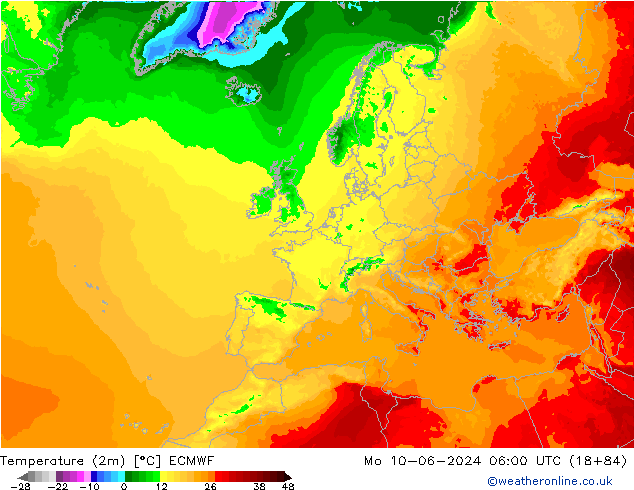 Temperature (2m) ECMWF Mo 10.06.2024 06 UTC