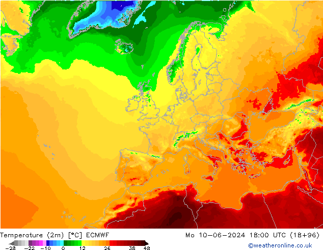 Temperatura (2m) ECMWF lun 10.06.2024 18 UTC