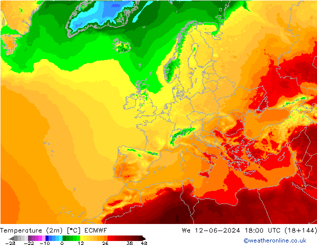 Temperaturkarte (2m) ECMWF Mi 12.06.2024 18 UTC