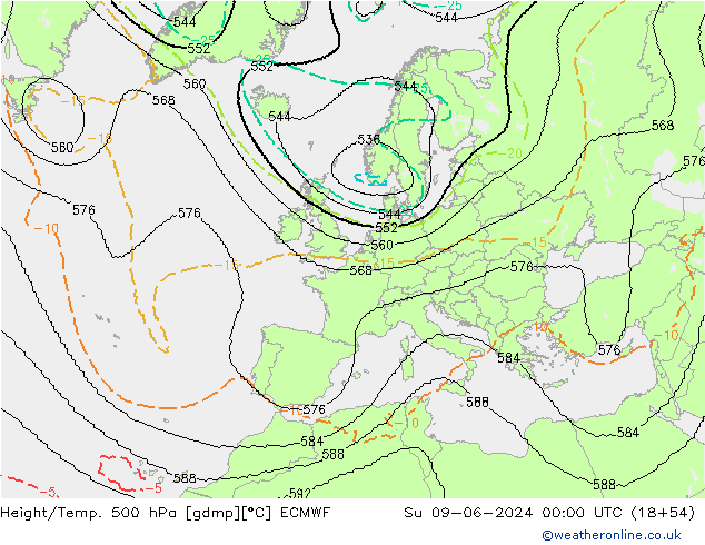 Hoogte/Temp. 500 hPa ECMWF zo 09.06.2024 00 UTC