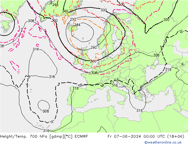 Height/Temp. 700 hPa ECMWF 星期五 07.06.2024 00 UTC