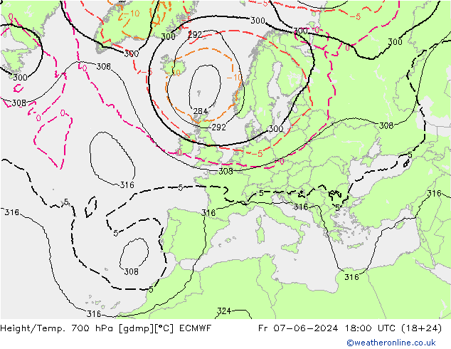 Height/Temp. 700 hPa ECMWF Fr 07.06.2024 18 UTC