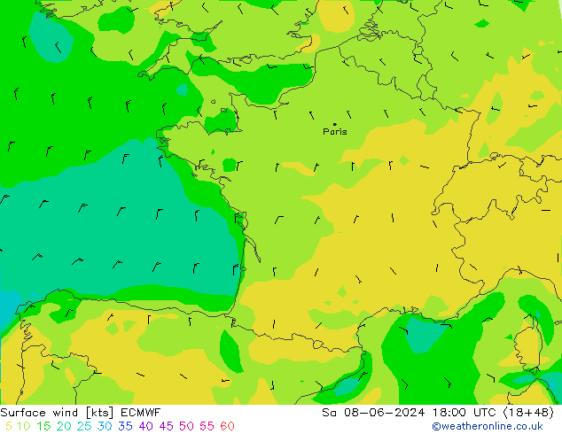 Wind 10 m ECMWF za 08.06.2024 18 UTC