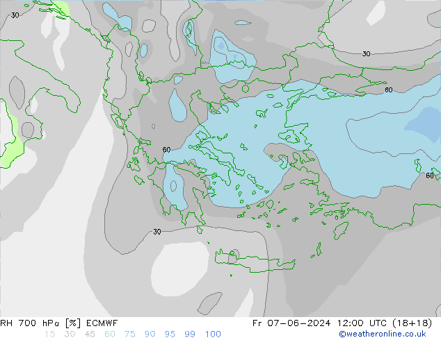 RH 700 hPa ECMWF Pá 07.06.2024 12 UTC