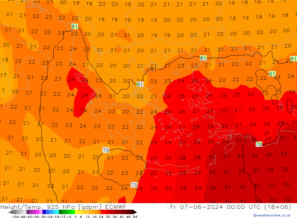 Height/Temp. 925 hPa ECMWF Fr 07.06.2024 00 UTC