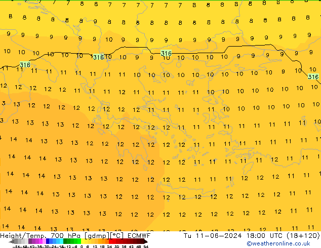 Geop./Temp. 700 hPa ECMWF mar 11.06.2024 18 UTC