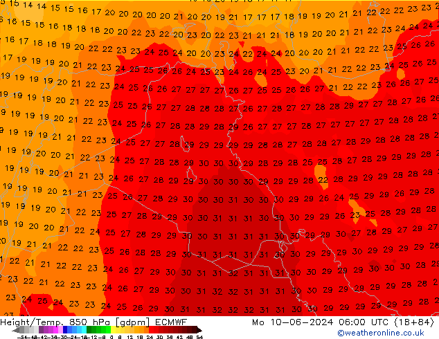 Yükseklik/Sıc. 850 hPa ECMWF Pzt 10.06.2024 06 UTC