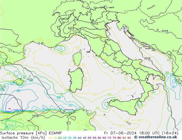 Isotachs (kph) ECMWF пт 07.06.2024 18 UTC