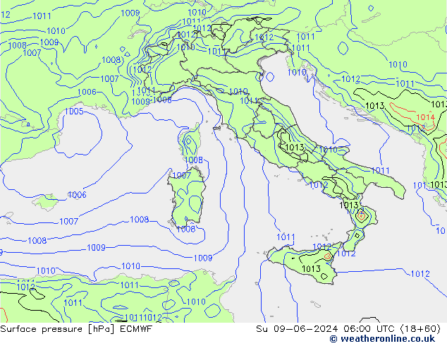 Presión superficial ECMWF dom 09.06.2024 06 UTC