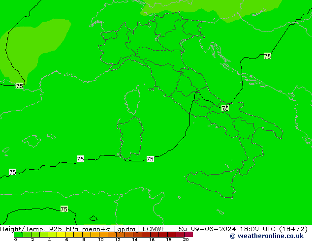 Height/Temp. 925 hPa ECMWF nie. 09.06.2024 18 UTC