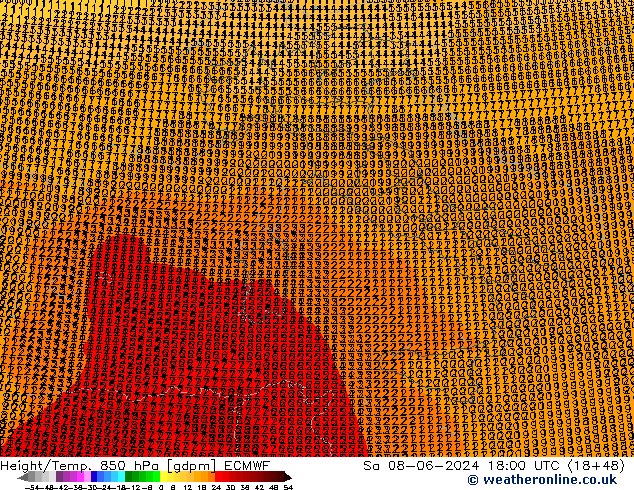 Height/Temp. 850 hPa ECMWF So 08.06.2024 18 UTC