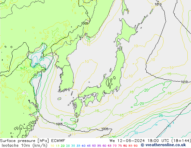 Isotachs (kph) ECMWF mer 12.06.2024 18 UTC