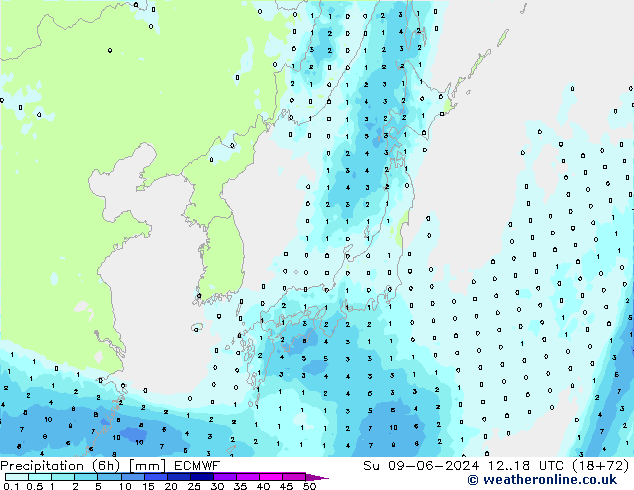 Totale neerslag (6h) ECMWF zo 09.06.2024 18 UTC