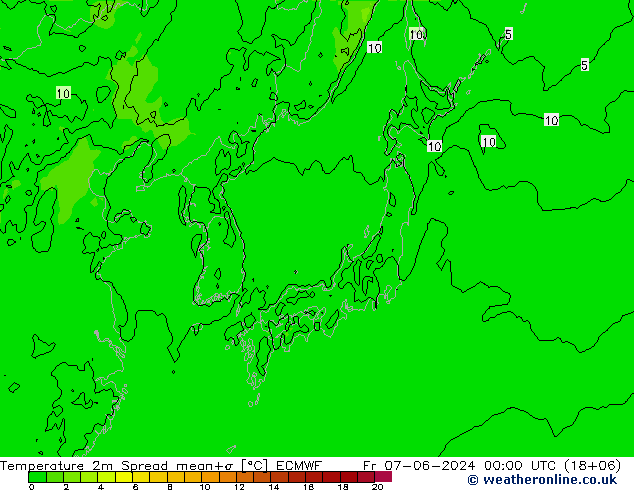 Temperatuurkaart Spread ECMWF vr 07.06.2024 00 UTC