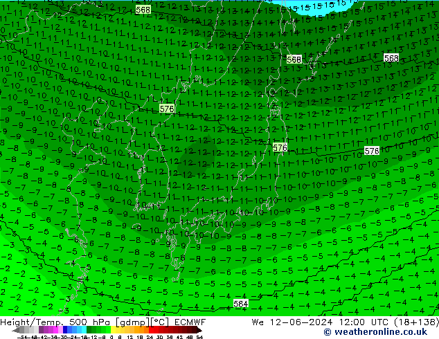 Hoogte/Temp. 500 hPa ECMWF wo 12.06.2024 12 UTC