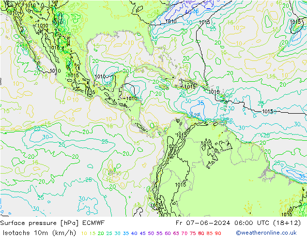 Isotaca (kph) ECMWF vie 07.06.2024 06 UTC