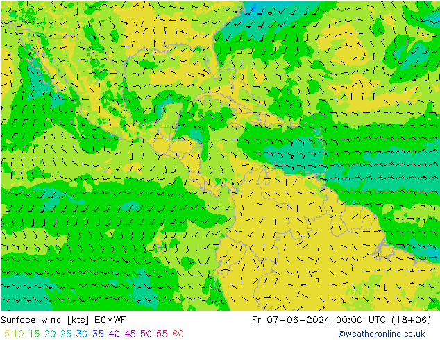 wiatr 10 m ECMWF pt. 07.06.2024 00 UTC