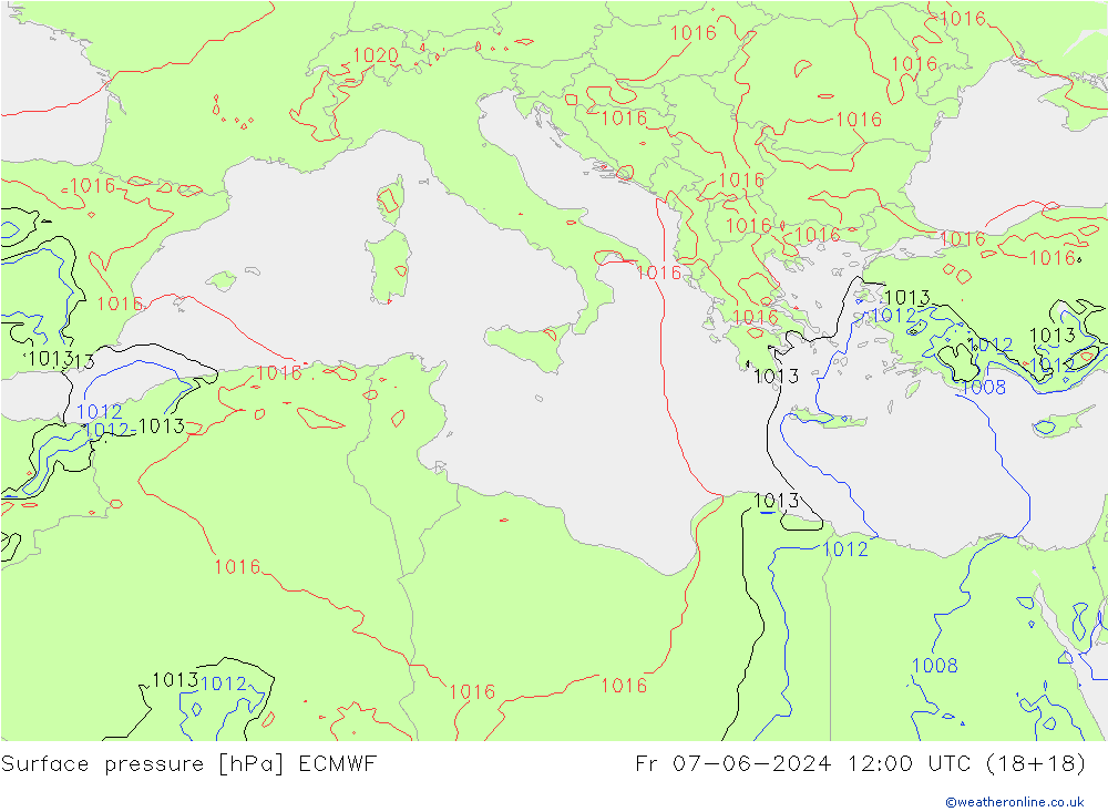 Presión superficial ECMWF vie 07.06.2024 12 UTC