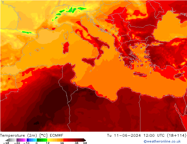 Temperature (2m) ECMWF Tu 11.06.2024 12 UTC
