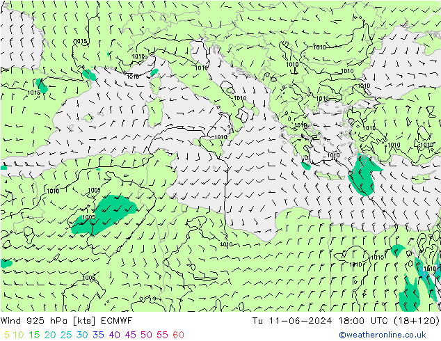 Vento 925 hPa ECMWF mar 11.06.2024 18 UTC