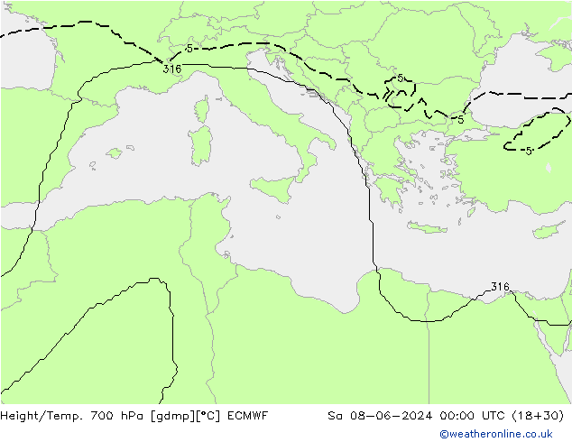 Height/Temp. 700 hPa ECMWF So 08.06.2024 00 UTC