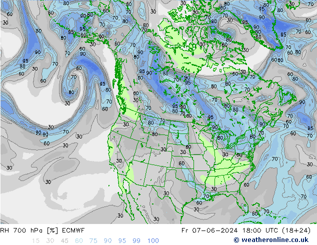 Humedad rel. 700hPa ECMWF vie 07.06.2024 18 UTC