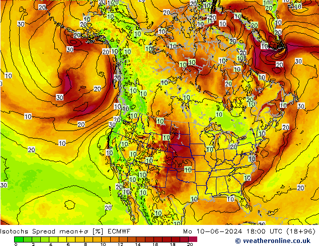 Isotachs Spread ECMWF Mo 10.06.2024 18 UTC