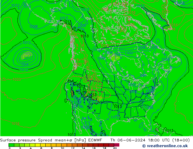 Surface pressure Spread ECMWF Th 06.06.2024 18 UTC