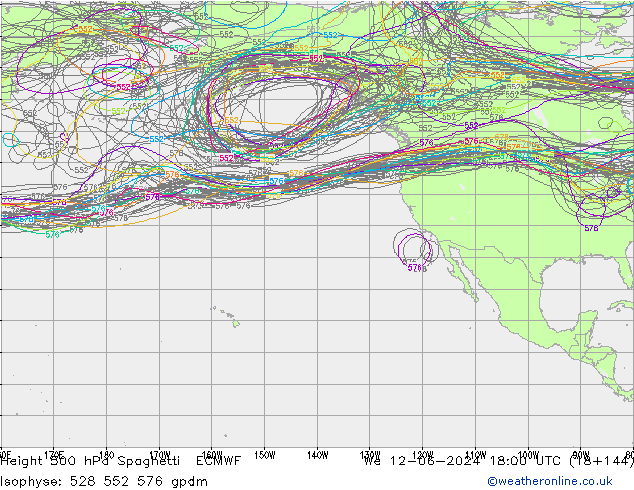 Height 500 hPa Spaghetti ECMWF We 12.06.2024 18 UTC