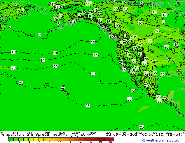 Temperatura 2m Spread ECMWF Dom 09.06.2024 00 UTC