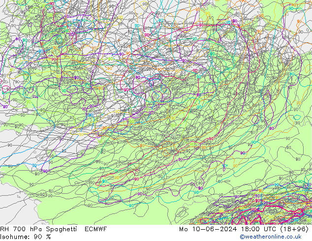 Humedad rel. 700hPa Spaghetti ECMWF lun 10.06.2024 18 UTC