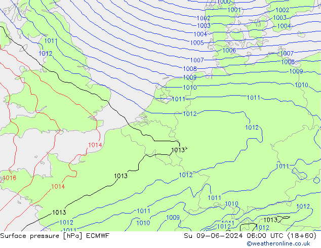 Atmosférický tlak ECMWF Ne 09.06.2024 06 UTC