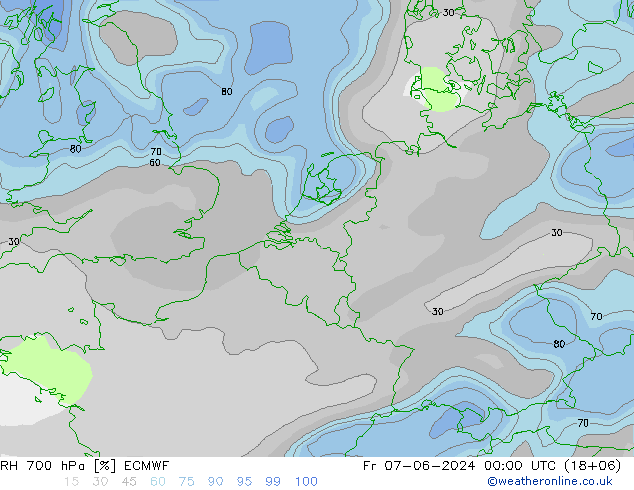 Humedad rel. 700hPa ECMWF vie 07.06.2024 00 UTC