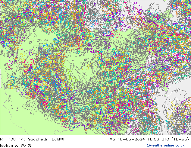 RH 700 hPa Spaghetti ECMWF Mo 10.06.2024 18 UTC