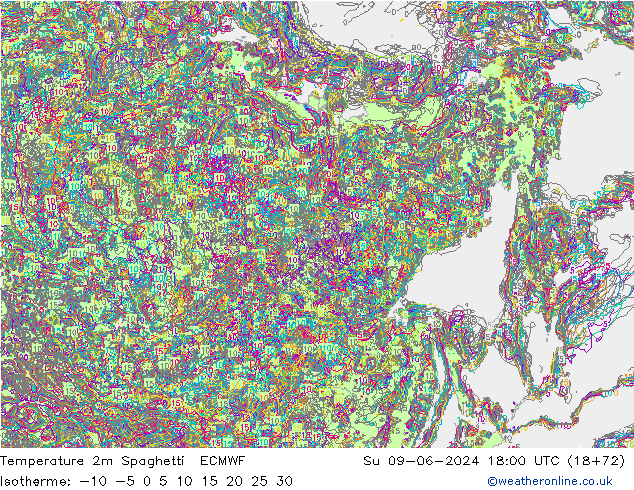 Temperatura 2m Spaghetti ECMWF dom 09.06.2024 18 UTC