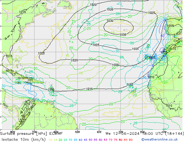 Isotachs (kph) ECMWF  12.06.2024 18 UTC