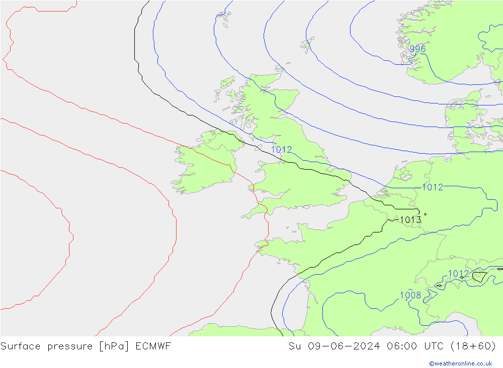 Pressione al suolo ECMWF dom 09.06.2024 06 UTC