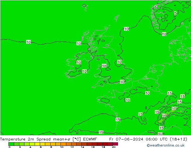 Temperature 2m Spread ECMWF Fr 07.06.2024 06 UTC