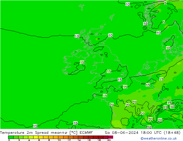 Temperatuurkaart Spread ECMWF za 08.06.2024 18 UTC