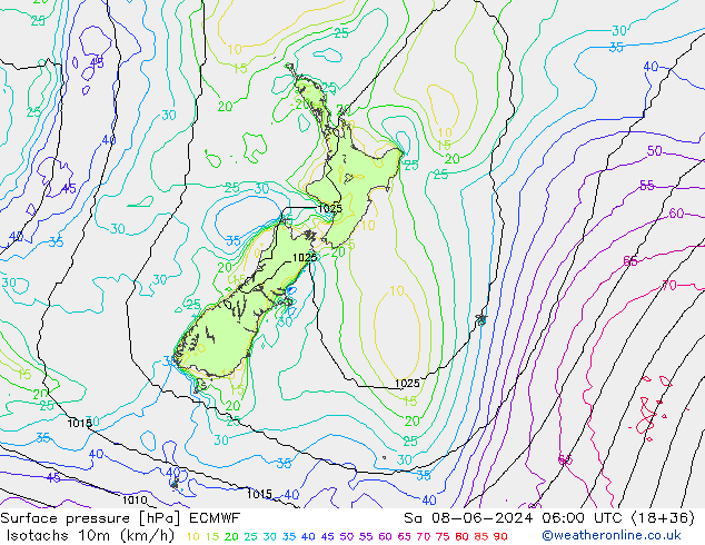 Isotachs (kph) ECMWF  08.06.2024 06 UTC