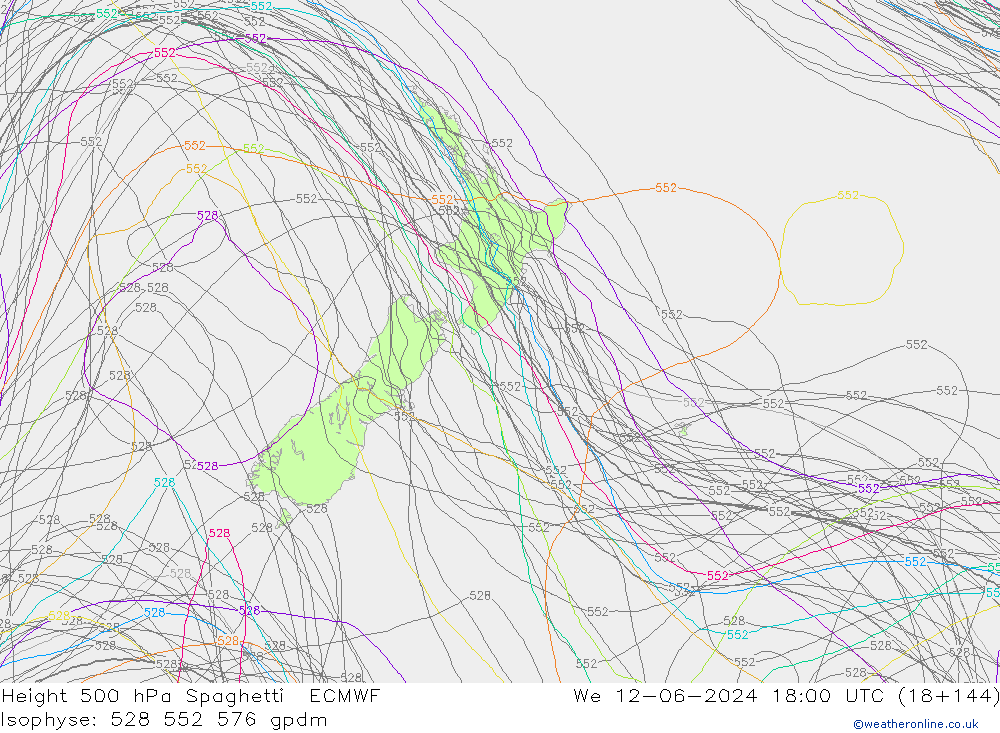 Hoogte 500 hPa Spaghetti ECMWF wo 12.06.2024 18 UTC